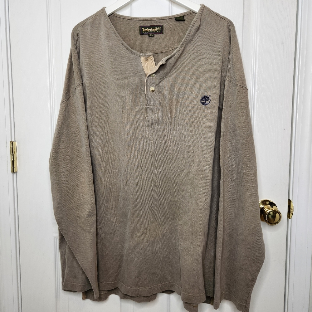 Mens Timberland Weathergear Henley Beige Green Long Sleeve Henley Shirt Size XL